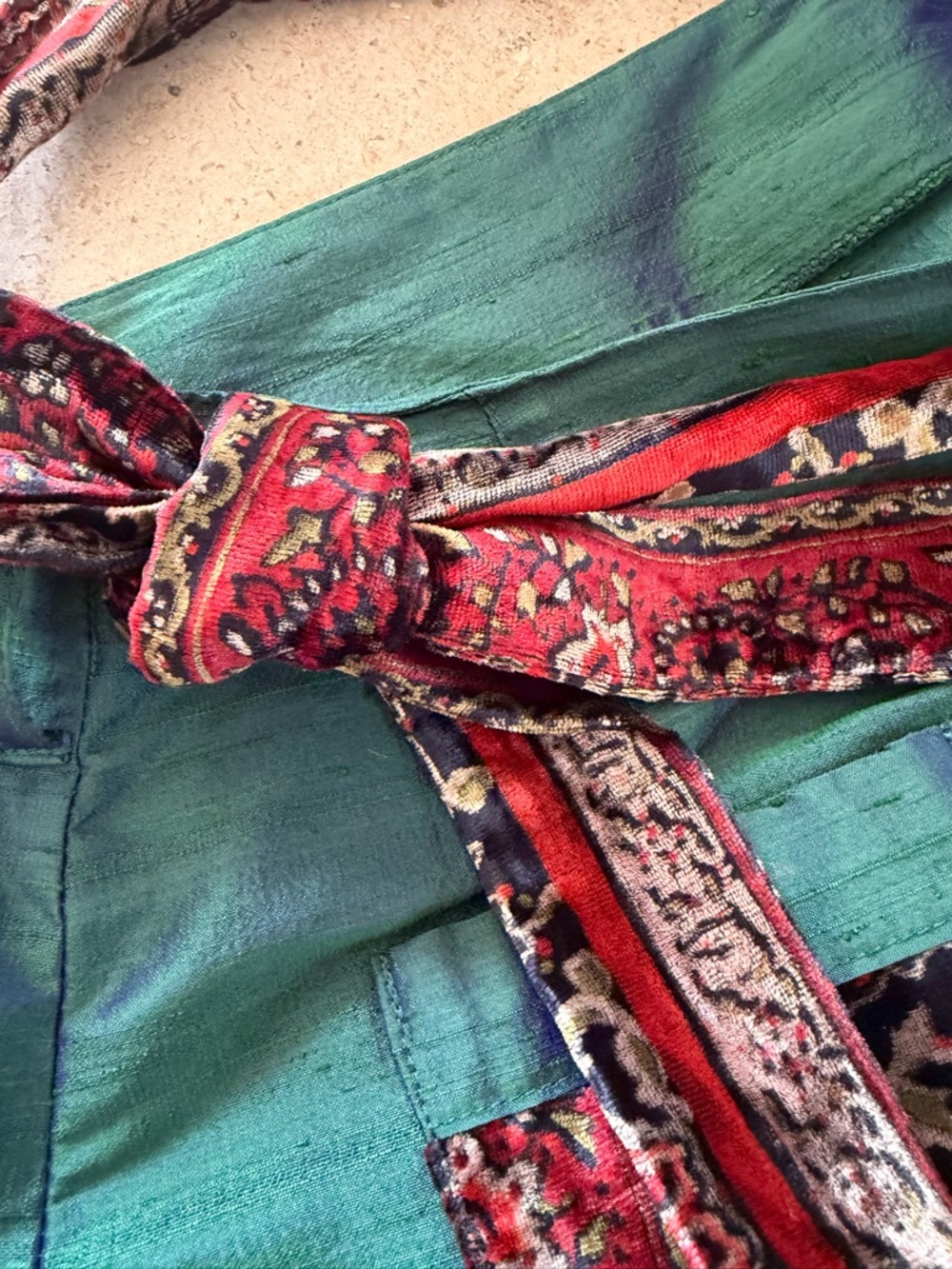 Gianfranco Ferre Teal silk Green and Burgundy Wrap-Detail A-Line Skirt - Picture 3 of 5